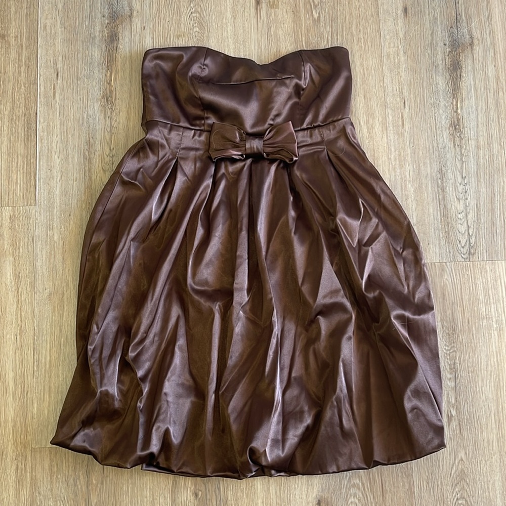 Studio Y Chocolate Brown satin strapless bubble dress. Size small